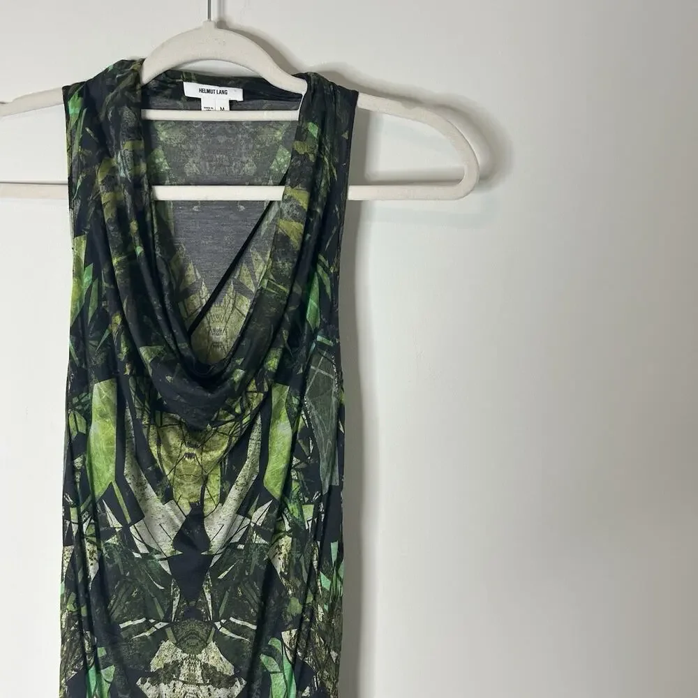 HELMUT LANG Dress Womens Medium Cicadae Print Slit Overlap Maxi Lizard Green - Picture 2 of 9